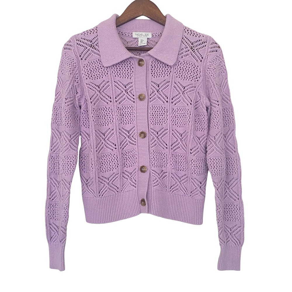 Rachel Zoe Womens Lavender Purple Crochet Knit Collared Button Front Cardigan S